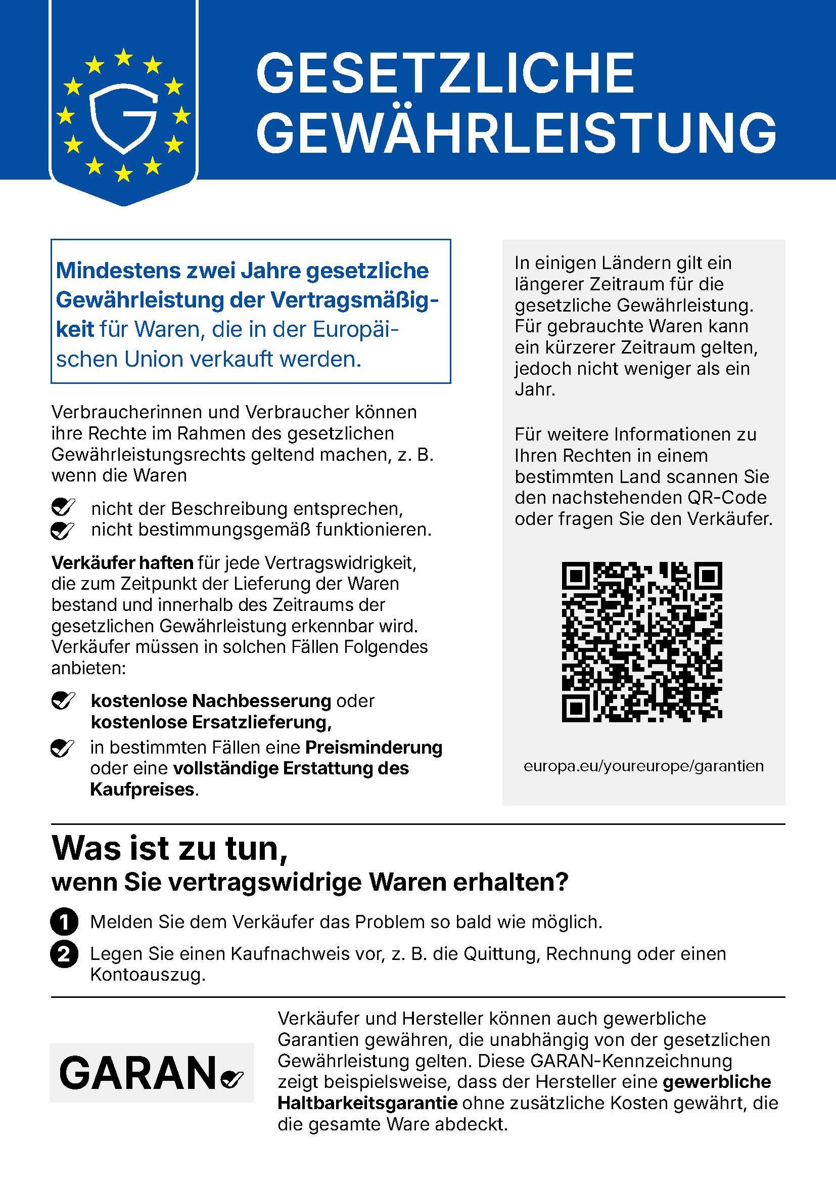 Hinweis zum gesetzlichen Gewährleistungsrecht
