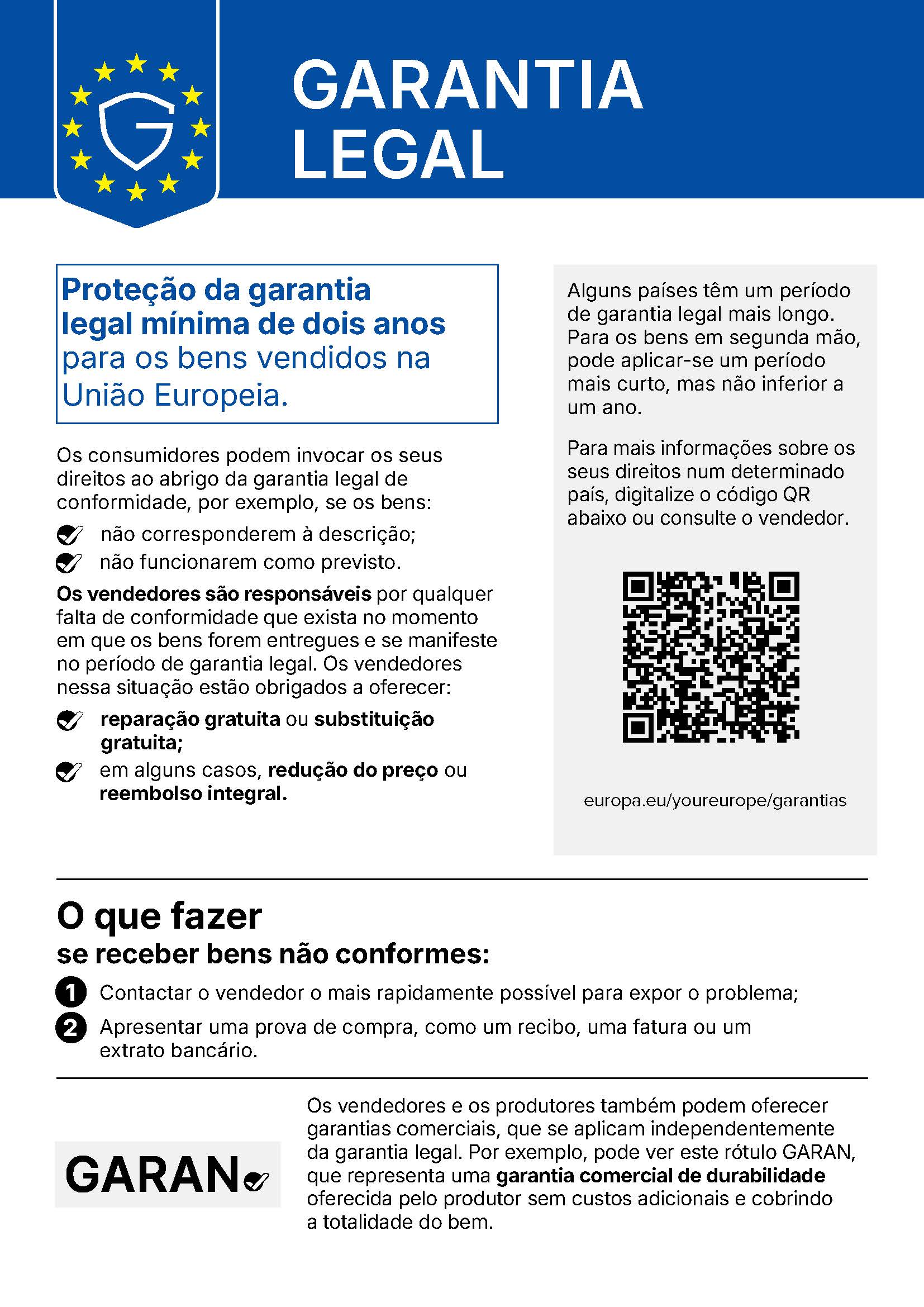 Aviso sobre a garantia legal da UE