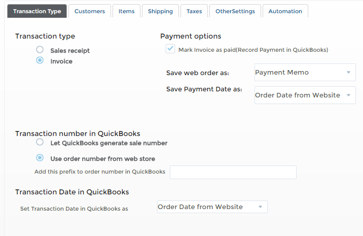 Settings page in T-Hub for exporting orders to Quickbooks
