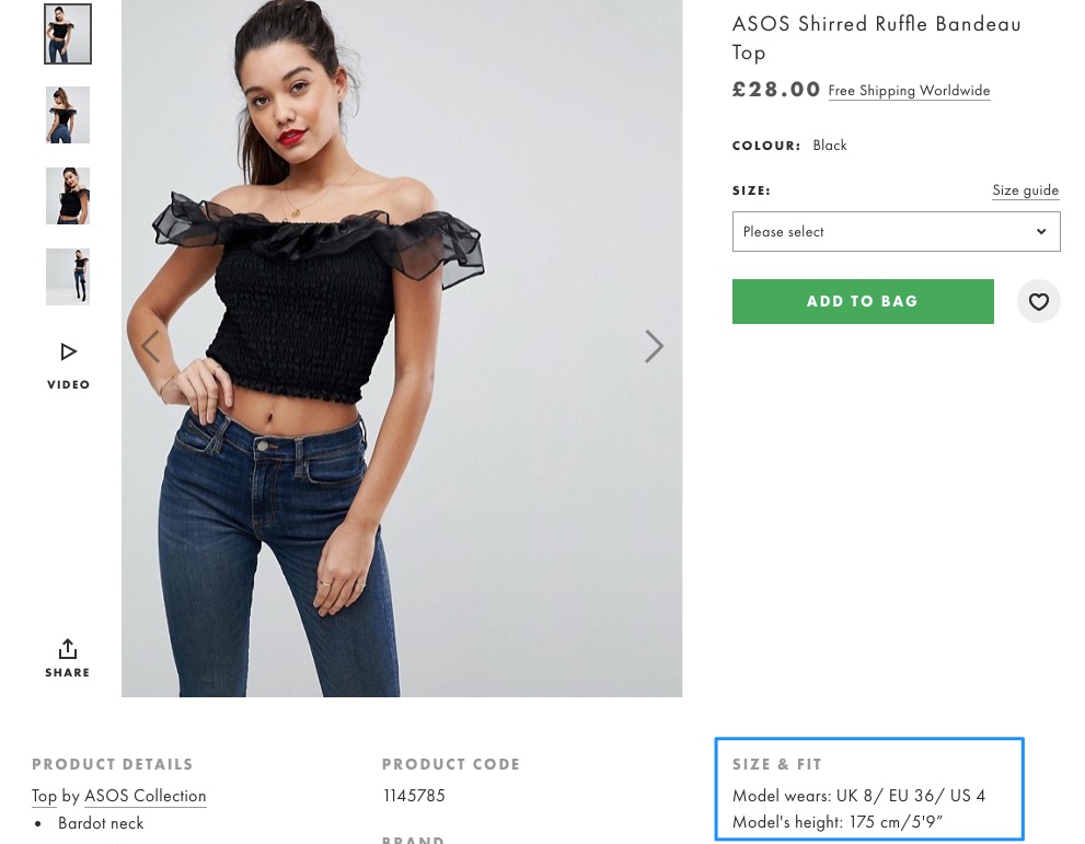 Asos zeigt, welche Größe das Modell trägt