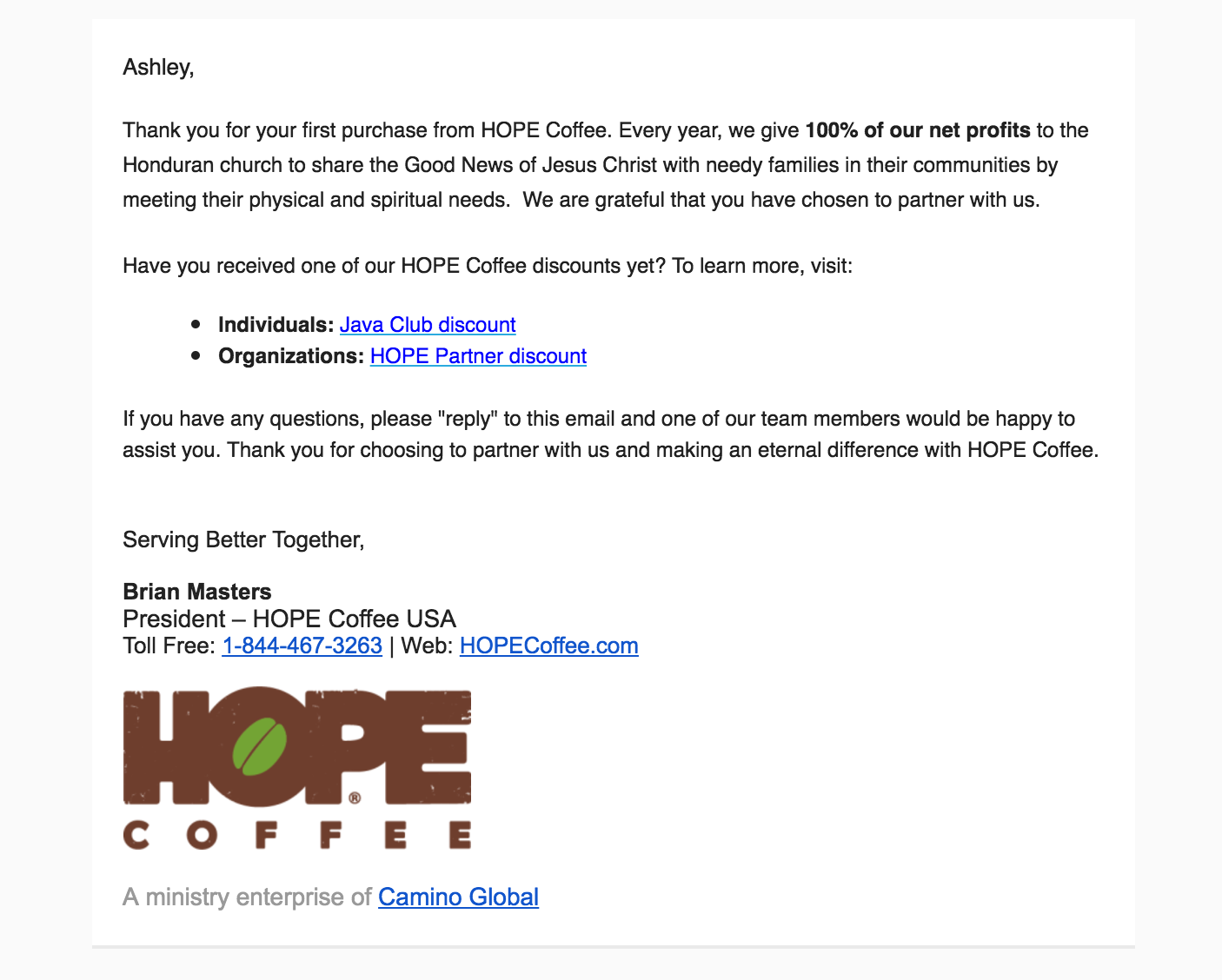Hope Coffee email marketing
